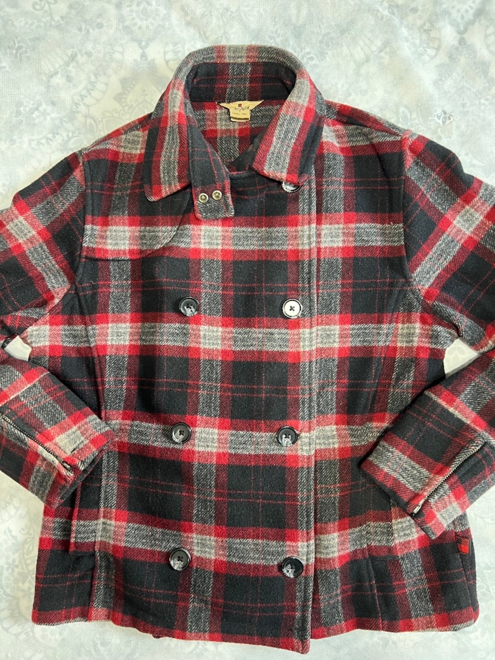 Woolrich Sz S Double Breasted Red Black Plaid Pea Coat Jacket Wool Blend Women